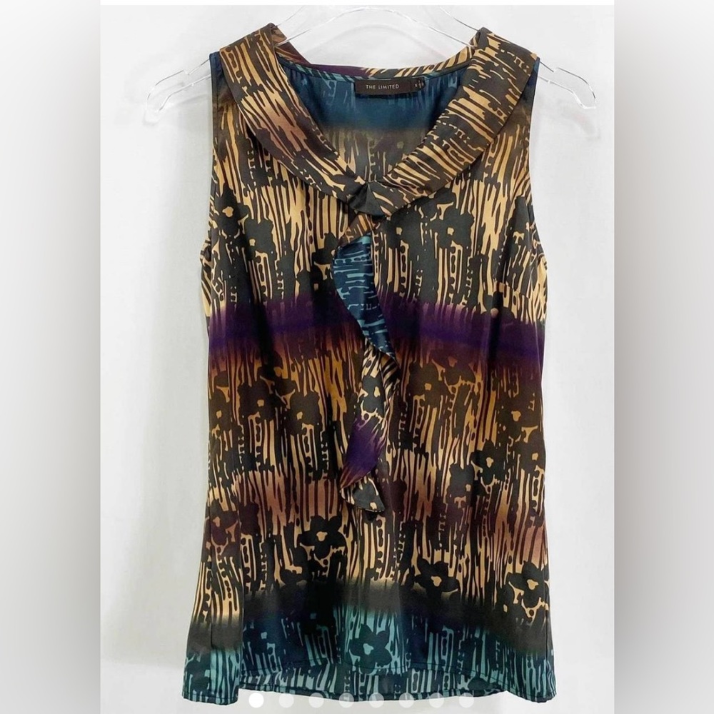 The limited women’s S brown abstract, collared ruffle tank, sleeveless blouse‎